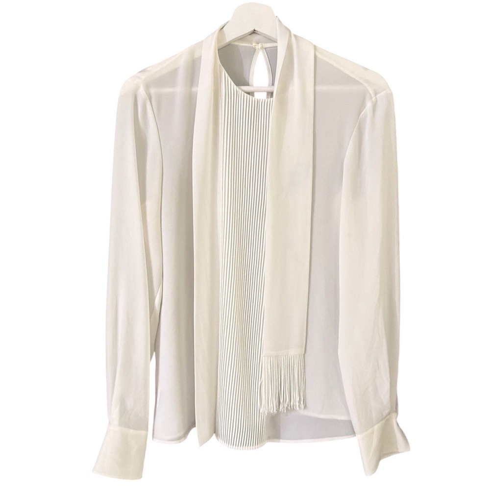Hugo Boss Banoki Off White Pleated Scarf Neck Fringe Blouse Sheer Women Sz 6